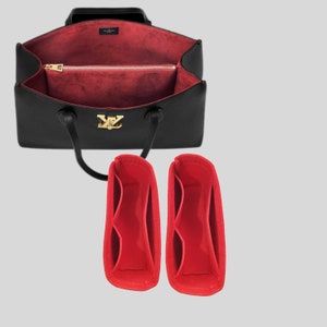 May include: Two red felt bag organizers with multiple compartments. The organizers are designed to fit inside a handbag to help keep it organized.