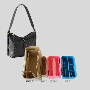 May include: Four different styles of bag organizers, shown from top to bottom: beige, pink, blue, and light blue. The organizers are designed to fit inside a handbag and have multiple compartments for organizing items.