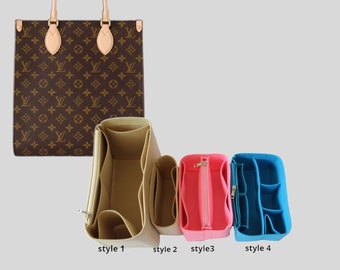 May include: Four different styles of felt bag organizers. The organizers are beige, pink, blue, and light blue. The organizers have multiple compartments and pockets for organizing a handbag.