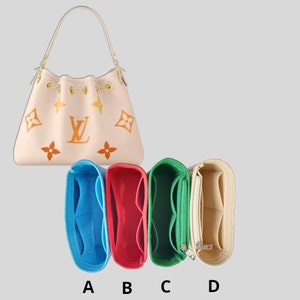 May include: Five felt bag organizers in different colors: blue, red, green, and beige. The organizers have multiple compartments and pockets for organizing a handbag.