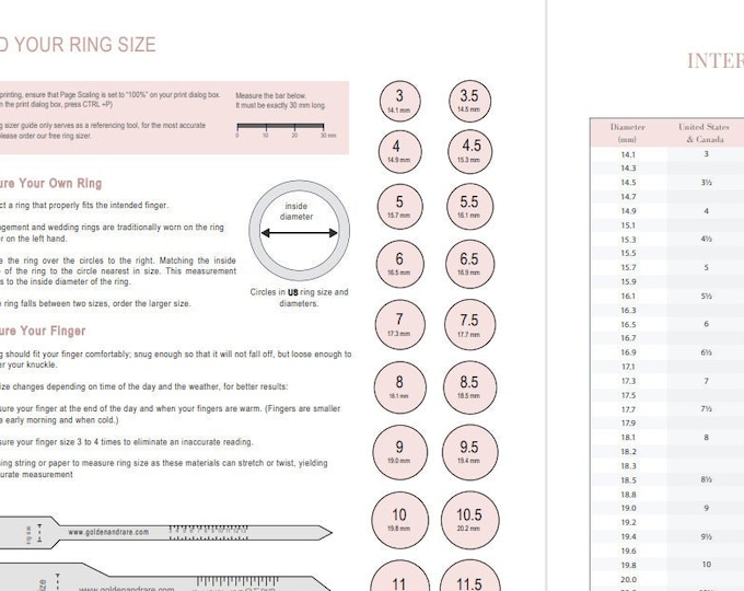 Printable PDF Ring Finger Sizer Ring Measure Ring Size Chart Ring Size