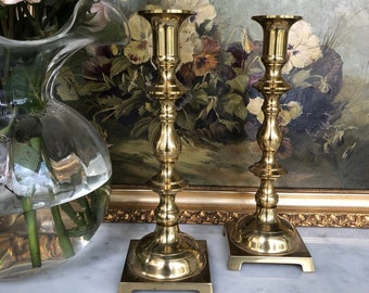 Set of 2 vintage solid brass taper candle holders 9.5” made in Japan