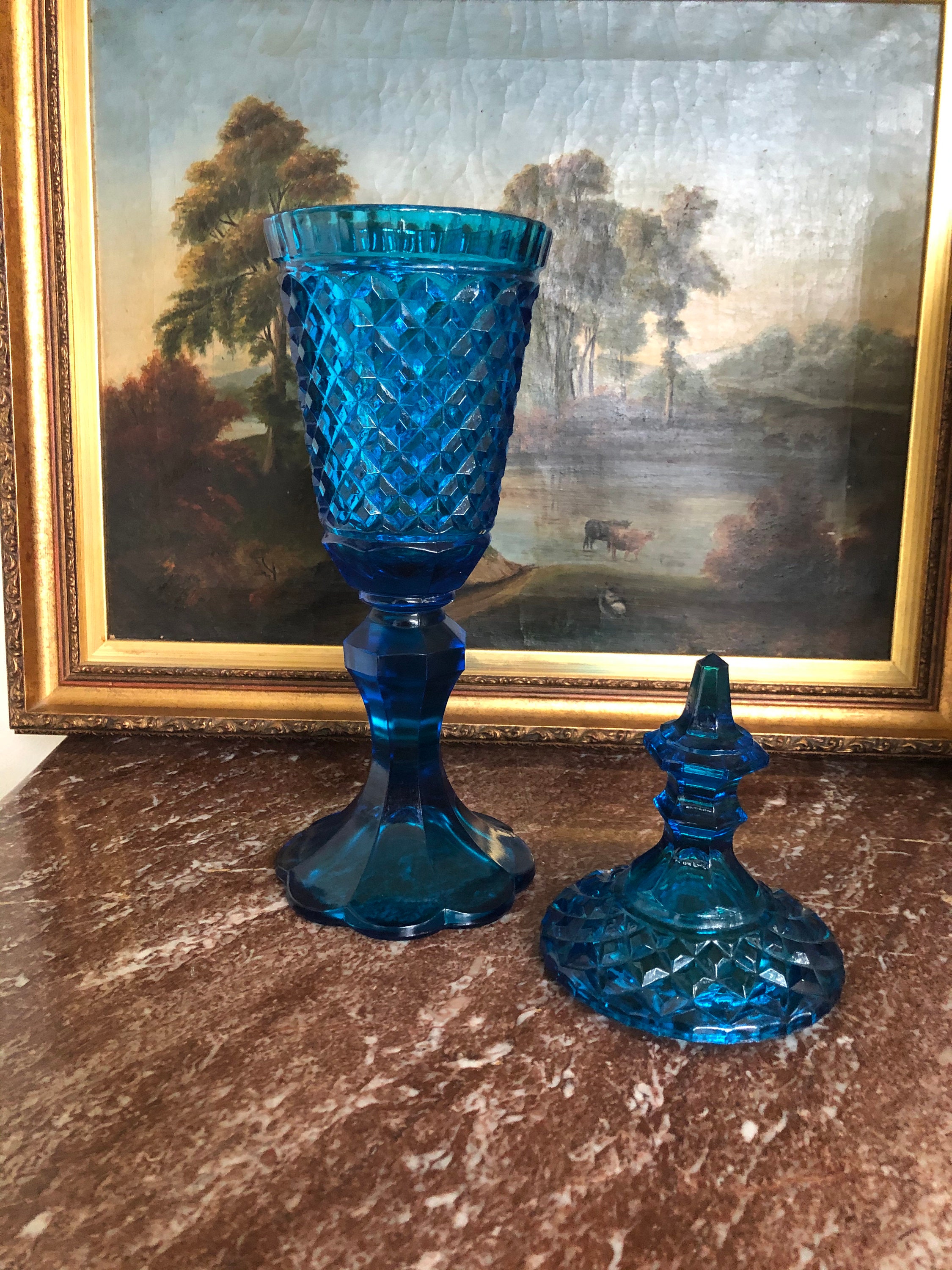 Vintage Sapphire Blue Diamond Cut Glass Large Apothecary Covered Jar