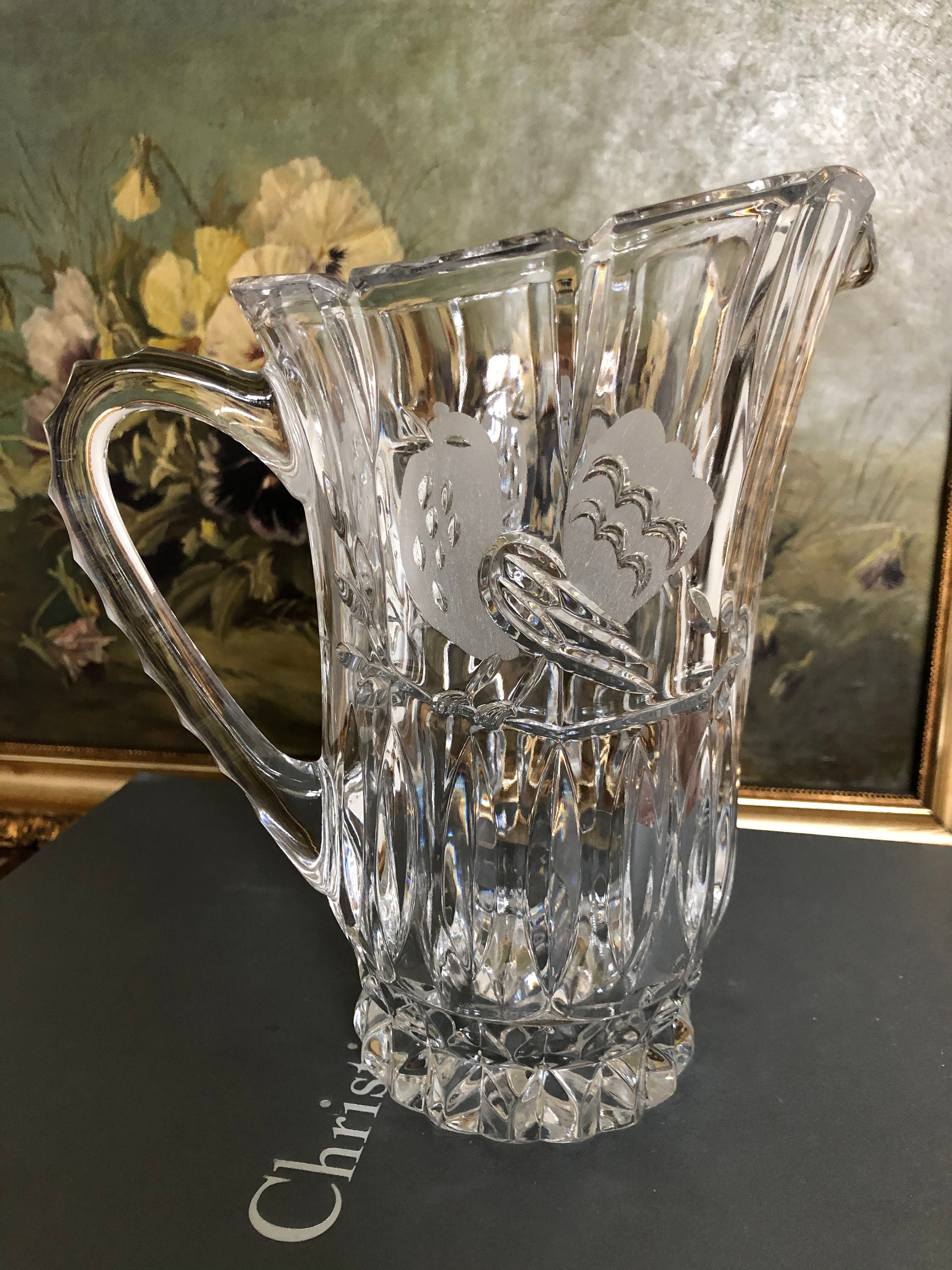 The European Collection Vintage Crystal Pitcher with Etched Bird Design