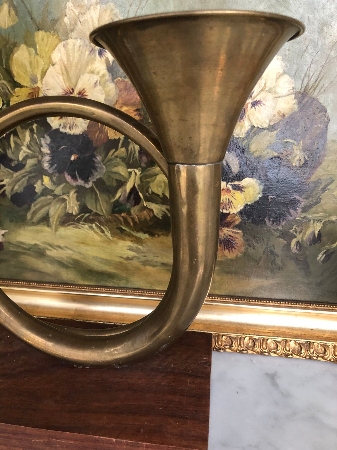 Vintage Brass French Horn on Wood Stand Decor Piece Etsy