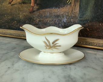 Lenox porcelain gravy boat with gold wheat design bowl