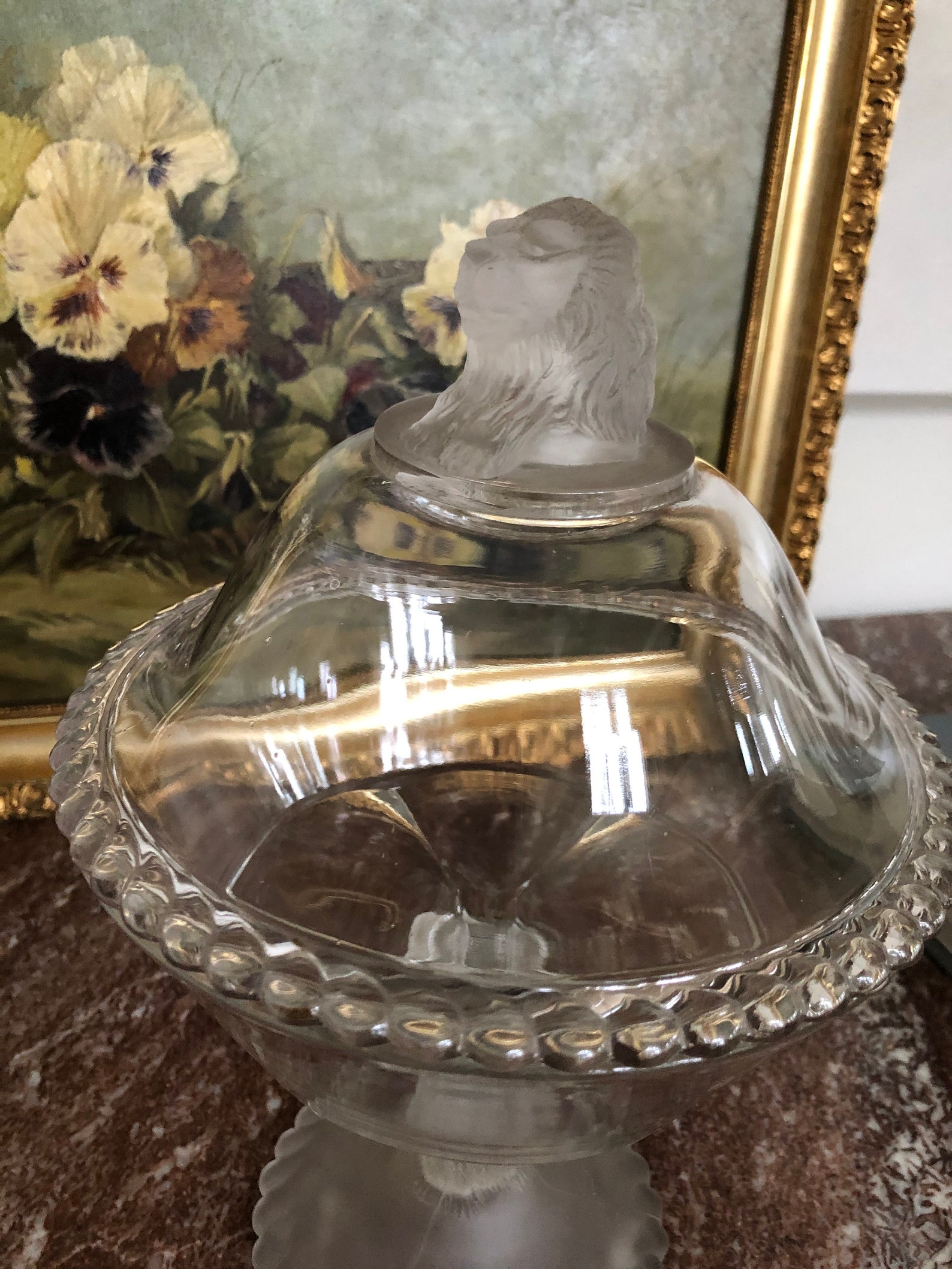 Gillander & Sons Frosted Glass Lion Head Covered Candy Dish Etsy