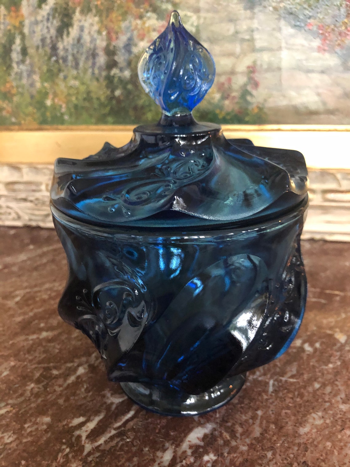 Vintage Fenton blue glass paisley compote candy dish with lid Etsy