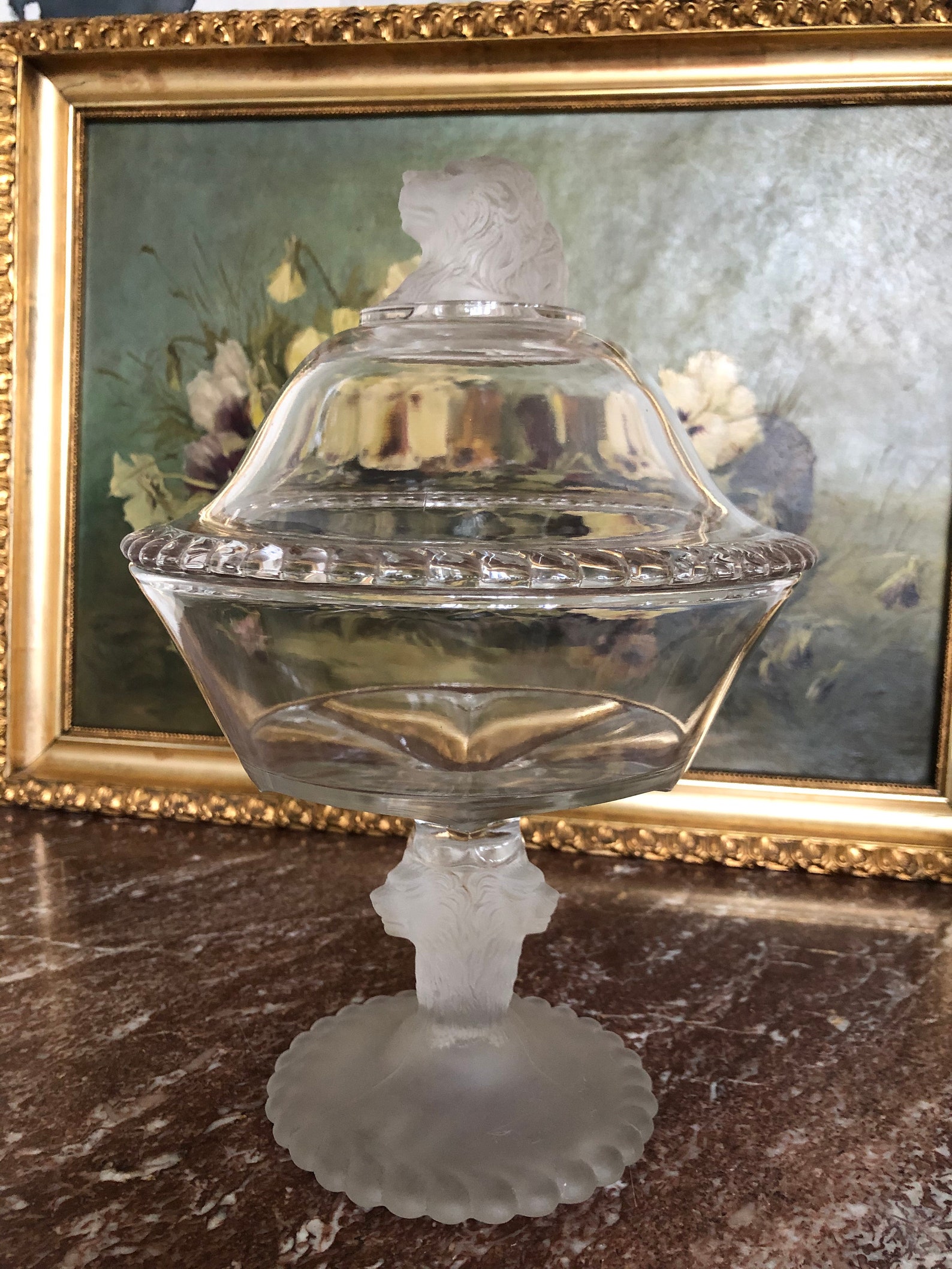 Gillander & Sons Frosted Glass Lion Head Covered Candy Dish Etsy