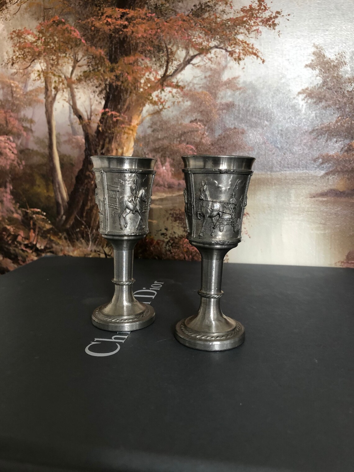 Set of two vintage footed pewter German shot glasses Etsy