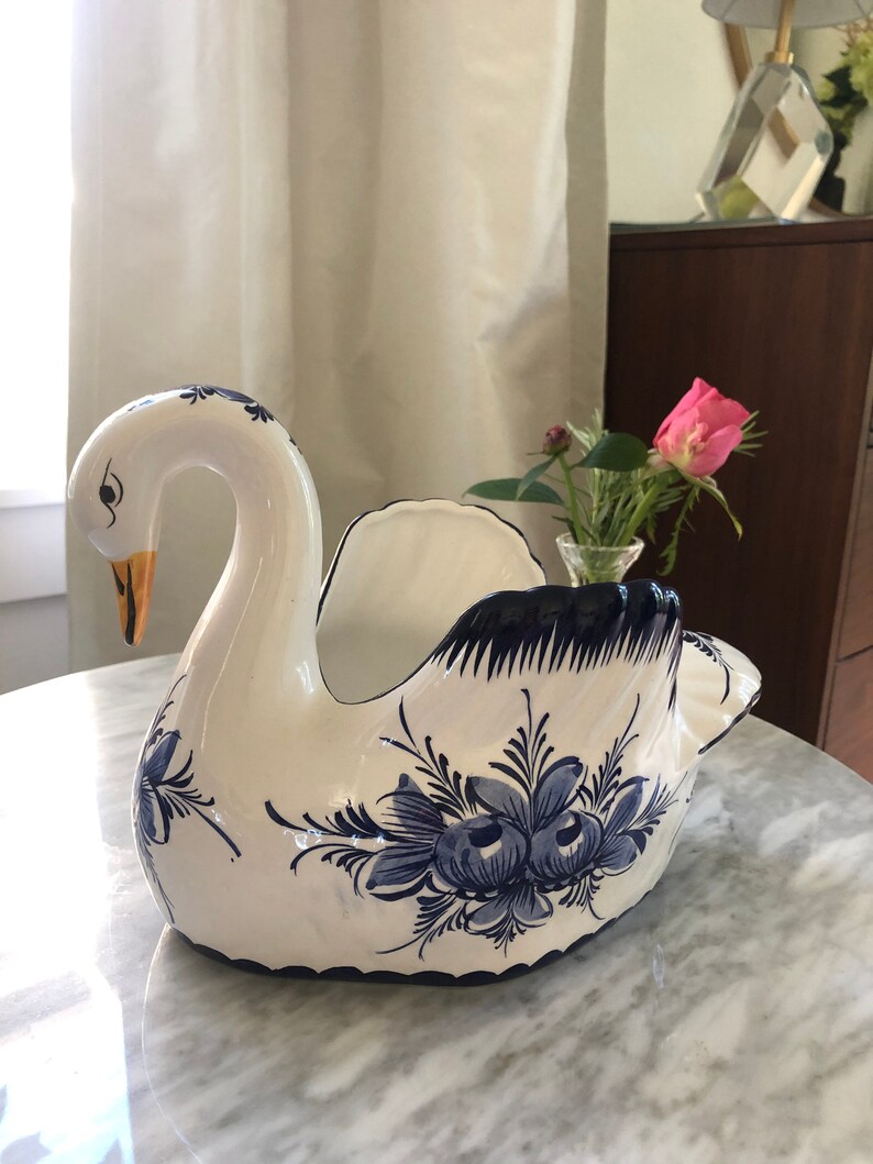 Vintage Hand Painted Blue and White Swan Planter Vase Made in Etsy