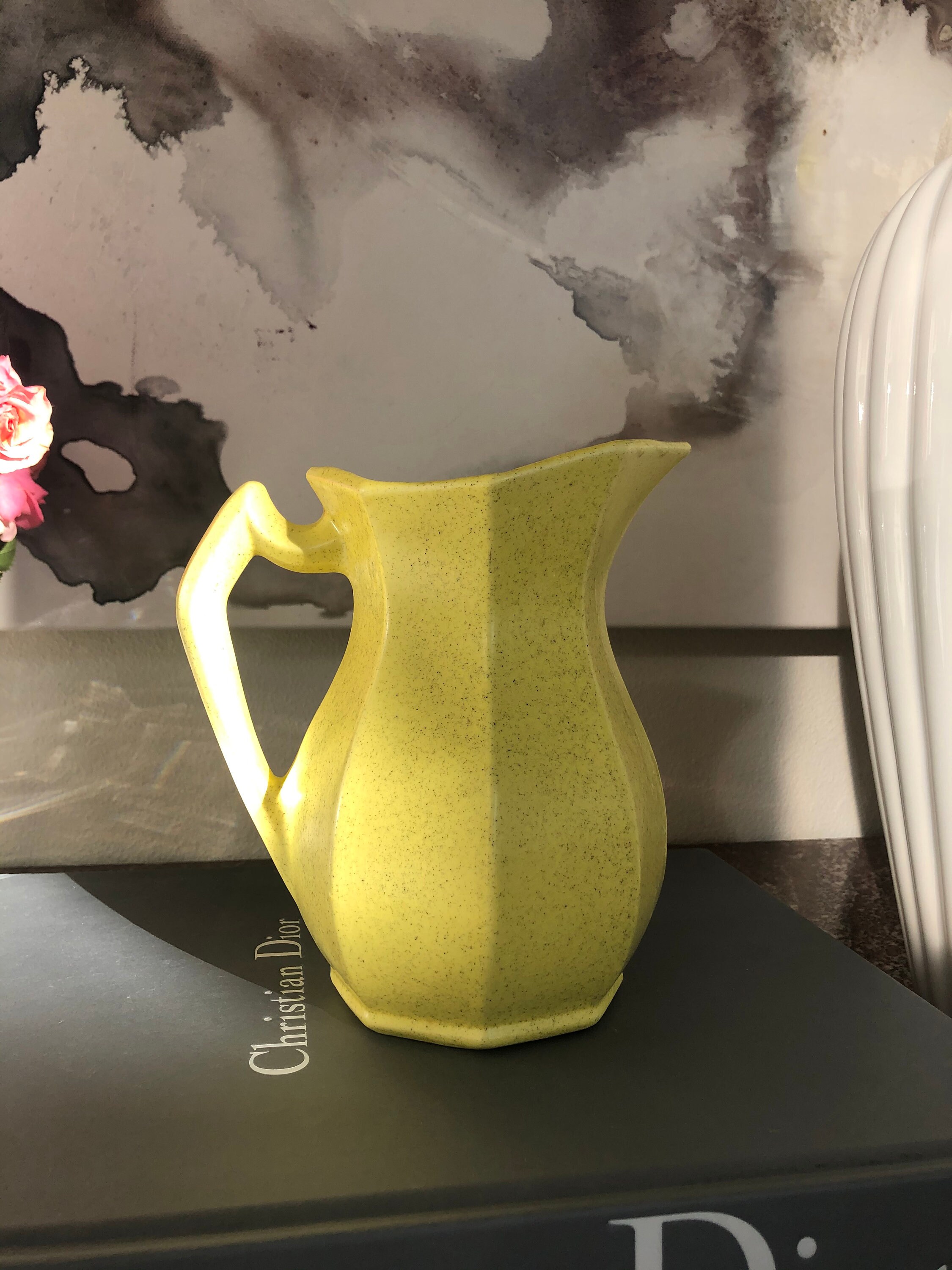 Vintage hand made bright yellow speckled California Pottery pitcher made in the USA