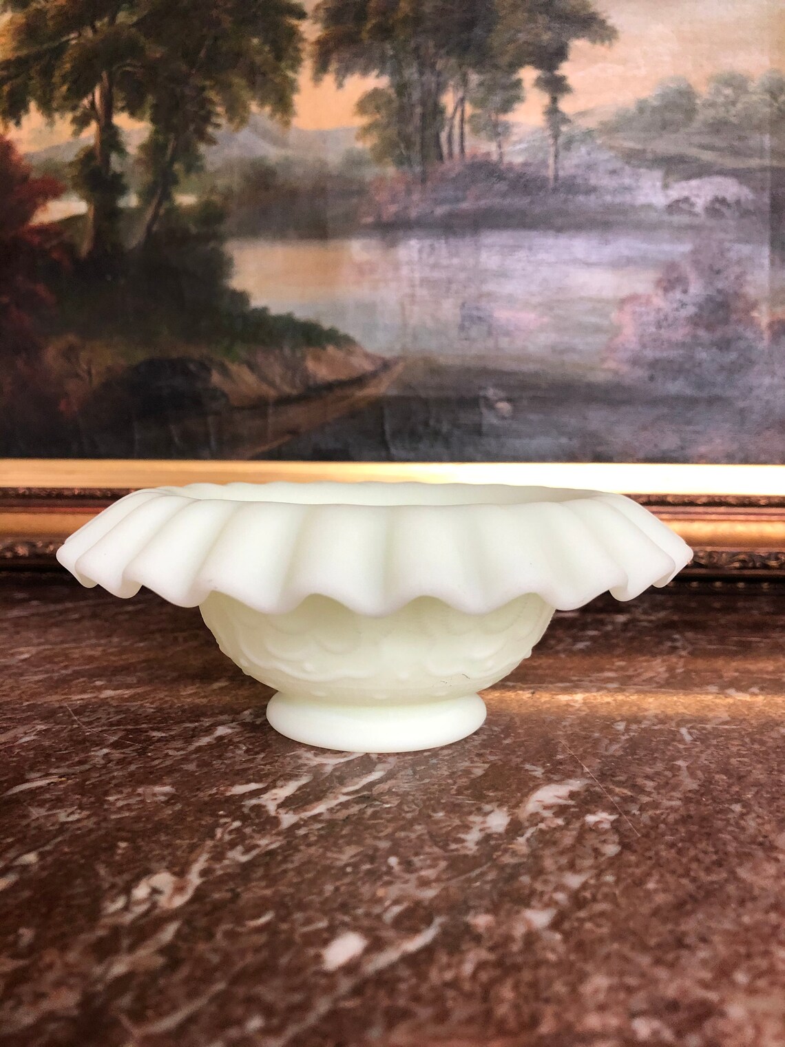 Fenton vintage satin yellow custard glass footed bowl Etsy
