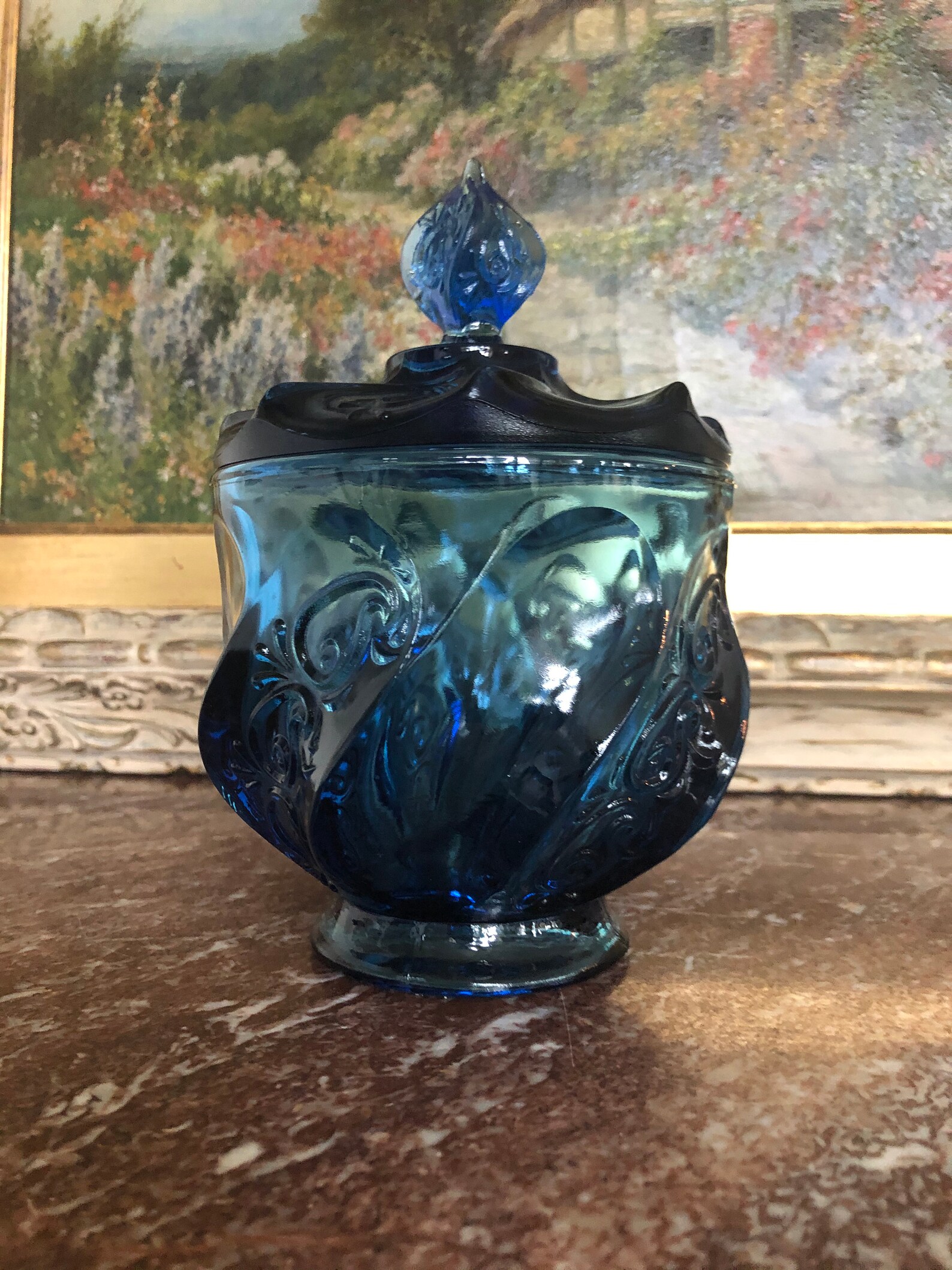 Vintage Fenton blue glass paisley compote candy dish with lid Etsy