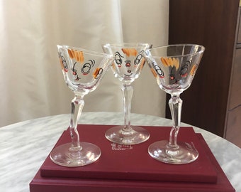 Set of 3 vintage hand painted Libbey cordial or wine glasses with bent stems