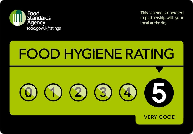 May include: A green and black food hygiene rating sign with a white circle containing the number 5 and the text "VERY GOOD".
