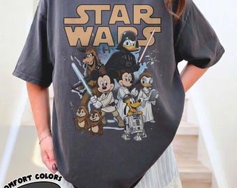 Camiseta retro de Disney Star Wars, camiseta de Mickey y sus amigos Jedi, camiseta para vacaciones familiares, camiseta con estampado de dibujos animados de ciencia ficción, regalo para fans de Disney
