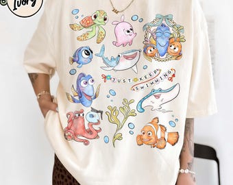 Retro Comfort Colors Disney Pixar Finding Nemo Just Keep Swimming Shirt, Nemo Disney Trip Shirt, Finding Dory Family Vacation Tee