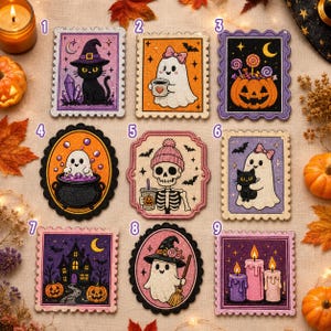 May include: Nine rectangular and oval embroidered patches featuring Halloween themes including a black cat with a witch hat, ghosts, a jack-o'-lantern, a skeleton, a haunted house, and candles, each numbered one through nine on a light fabric.