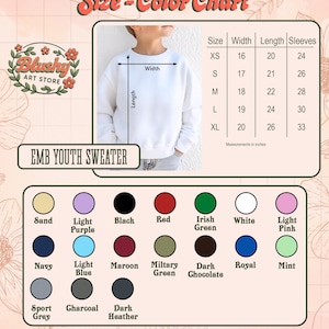 May include: A size and color chart for an EMB Youth Sweater from Blushy Art Store. It features a white sweater with width and length measurement arrows, a table with sizes XS to XL in inches, and a grid of 17 colored circles labeled by color name.