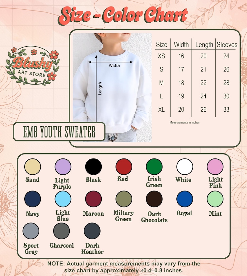 May include: A size and color chart for an EMB Youth Sweater from Blushy Art Store. It features a white sweater with width and length measurement arrows, a table with sizes XS to XL in inches, and a grid of 17 colored circles labeled by color name.