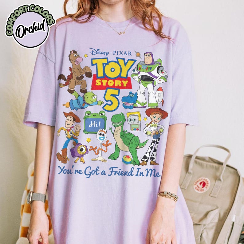 Retro Toy Story 5 Comfort Colors Shirt, Woody Buzz Jessie Rex Tee, Vintage You've Got A Friend In Me 2026 Disney Pixar Fest Family Trip Gift Orchid