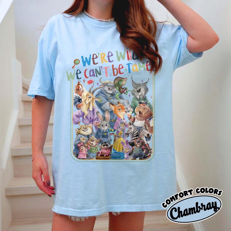 We're Wild and We can't be Tamed Disney Zootopia 2 Shirt, Judy Hopps Nick Wilde Animal Group Matching WDW Disneyland Animal Kingdom Tee Chambray/Light Blue