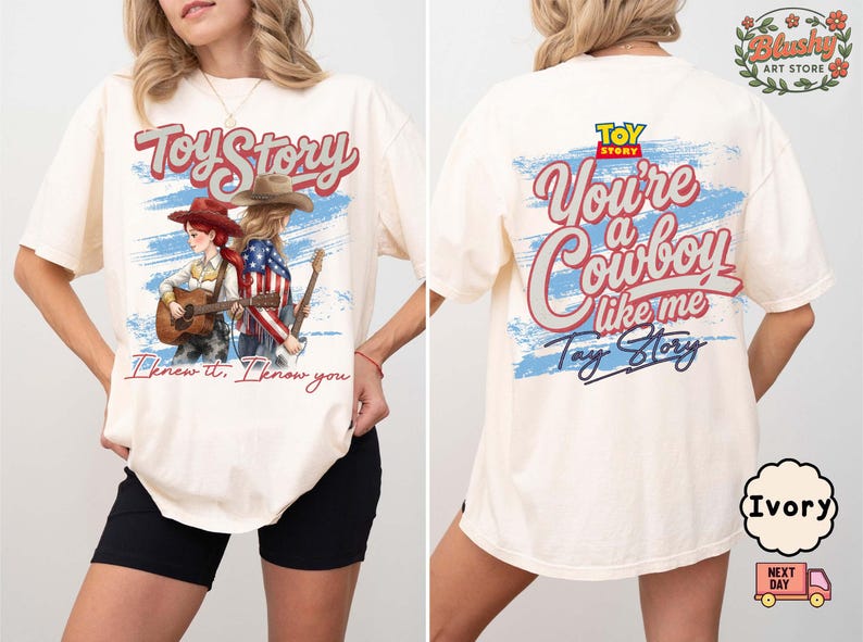 May include: An ivory t-shirt featuring a front graphic of two figures in cowboy hats playing guitars with the text Toy Story and I knew it, I know you. The back graphic displays the Toy Story logo and the text You're a Cowboy like me.