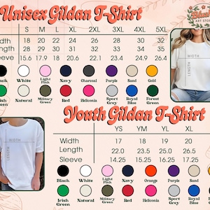 Puede incluir: Una tabla de tallas de camisetas Gildan unisex y juvenil, que muestra tallas, medidas en pulgadas y opciones de color. La tabla incluye tallas S a 5XL para adultos y YS a XL para j&oacute;venes. Se muestran muestras de color.