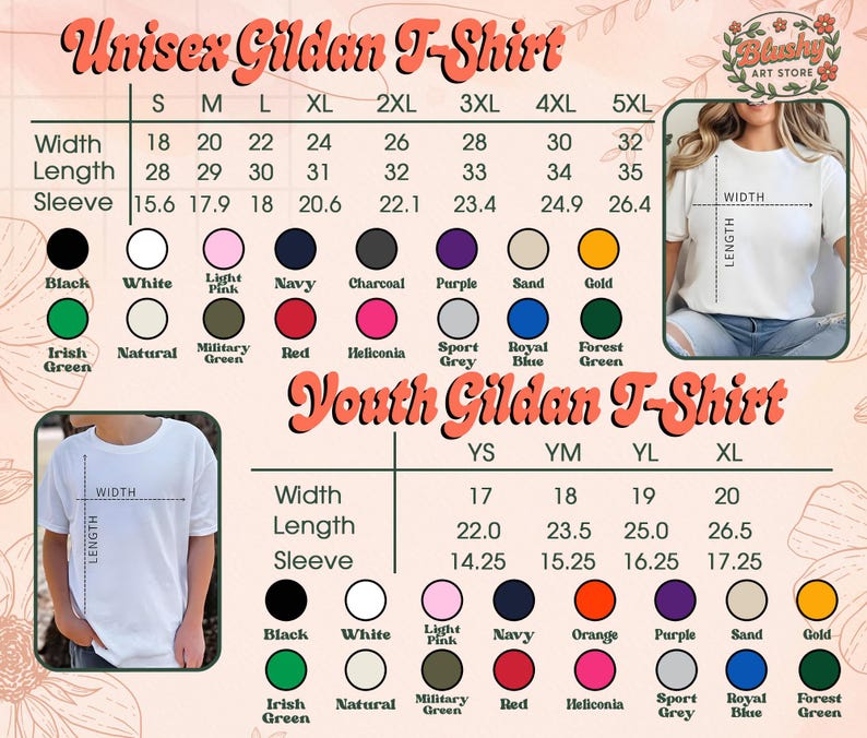 Puede incluir: Una tabla de tallas de camisetas Gildan unisex y juvenil, que muestra tallas, medidas en pulgadas y opciones de color. La tabla incluye tallas S a 5XL para adultos y YS a XL para j&oacute;venes. Se muestran muestras de color.