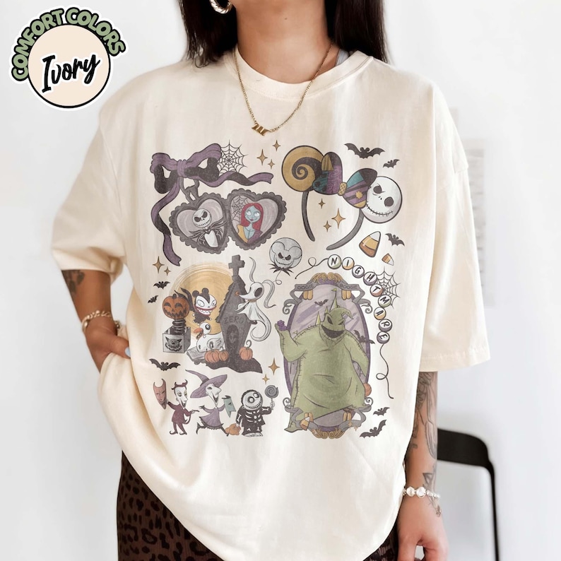 Retro Nightmare Before Christmas Coquette Shirt, Coquette Disney Halloween Shirt, Oogie Boogie Bash 2026 Tee, Jack Skellington Sally Shirt Ivory/Natural/Sand