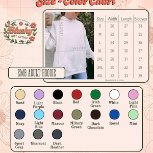 May include: A size and color chart for an adult hoodie from Blushy Art Store. The chart includes a table with measurements in inches for sizes S through 4XL, a photo of a white hoodie, and a grid of twenty color swatches labeled with names.