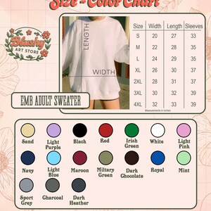 May include: A size and color chart for an adult sweater from Blushy Art Store. It features a white sweater with length and width labels, a table with measurements in inches for sizes S to 4XL, and a grid of 19 circular color swatches with labels.
