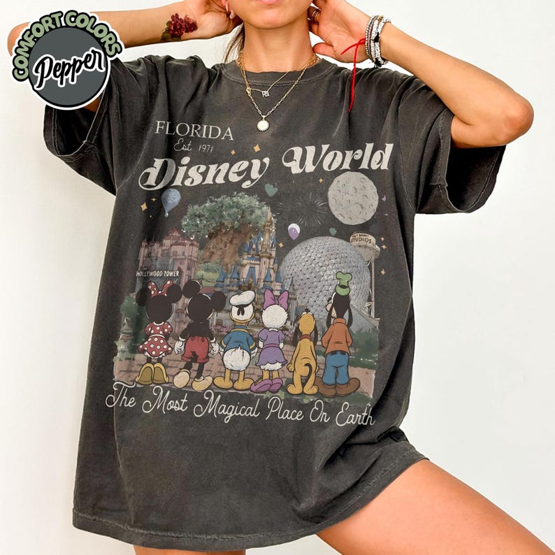 May include: Dark gray t-shirt featuring a colorful graphic of Disney World characters and landmarks. The shirt includes the text "FLORIDA Est. 1971 Disney World" and "The Most Magical Place On Earth". The shirt has a vintage, distressed look.