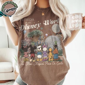 May include: Brown t-shirt featuring a Disney World graphic with Mickey and Minnie Mouse, Donald Duck, Daisy Duck, Goofy, and Pluto. The shirt has the text "Florida Est. 1971 Disney World" and "The Most Magical Place On Earth."