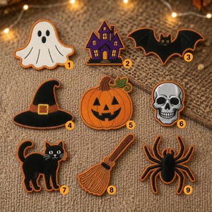 Halloween Embroidered Patch, Ghost Pumpkin Bat Witch Hat Skull Black Cat Spider Iron On Applique, Spooky Jacket Bag Patch