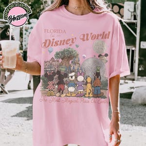 May include: Pink t-shirt with a graphic of Disney World characters and landmarks. The text "FLORIDA Est. 1971 Disney World" is printed above the graphic. The phrase "The Most Magical Place On Earth" is printed below the graphic.