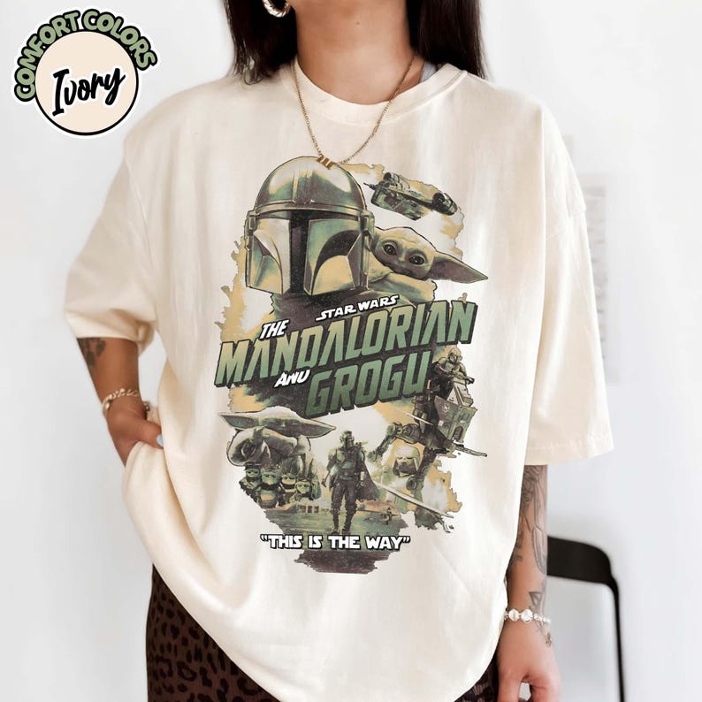 Vintage Star Wars The Mandalorian And Grogu Shirt, Grogu Bounty Hunter Shirt, 90s Style Star Wars Shirt, Baby Yoda Tee, Mandalorian Shirt Ivory/Natural/Sand