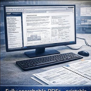 Puede incluir: Un monitor de ordenador muestra un documento con texto y diagramas. Un teclado negro, un rat&oacute;n y documentos impresos est&aacute;n sobre el escritorio. La imagen incluye el texto "SEARCHABLE & PRINTABLE REFERENCE LIBRARY" y "Fully searchable PDFs - printable manuals, guides, code lists, and more."
