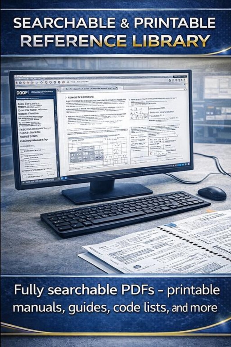 Puede incluir: Un monitor de ordenador muestra un documento con texto y diagramas. Un teclado negro, un rat&oacute;n y documentos impresos est&aacute;n sobre el escritorio. La imagen incluye el texto "SEARCHABLE & PRINTABLE REFERENCE LIBRARY" y "Fully searchable PDFs - printable manuals, guides, code lists, and more."