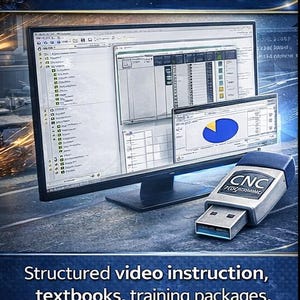 Puede incluir: Un monitor de ordenador muestra un software de formaci&oacute;n CNC, con una ventana m&aacute;s peque&ntilde;a que muestra un gr&aacute;fico circular. Una unidad USB con la etiqueta "CNC Programming" est&aacute; en primer plano. El texto dice "COMPREHENSIVE CNC TRAINING SYSTEM."