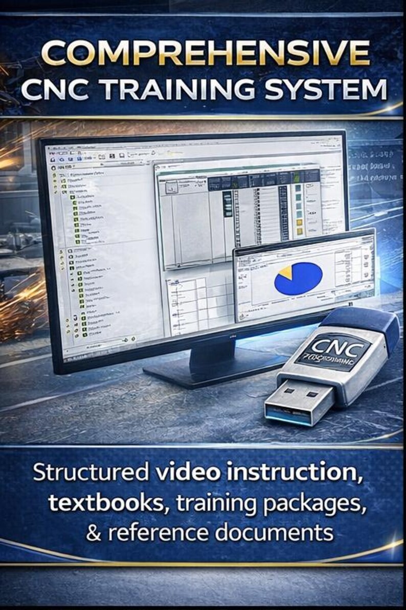 Puede incluir: Un monitor de ordenador muestra un software de formaci&oacute;n CNC, con una ventana m&aacute;s peque&ntilde;a que muestra un gr&aacute;fico circular. Una unidad USB con la etiqueta "CNC Programming" est&aacute; en primer plano. El texto dice "COMPREHENSIVE CNC TRAINING SYSTEM."