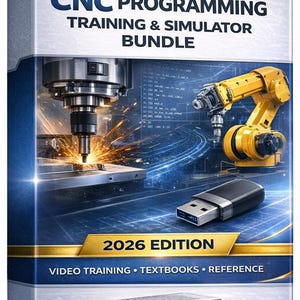 Puede incluir: Caja de producto con el texto "ADVANCED CNC RESOURCE" y "CNC PROGRAMMING TRAINING & SIMULATOR BUNDLE". La imagen muestra una m&aacute;quina CNC, un brazo rob&oacute;tico amarillo y una unidad USB. Tambi&eacute;n se ve el texto "2026 EDITION".