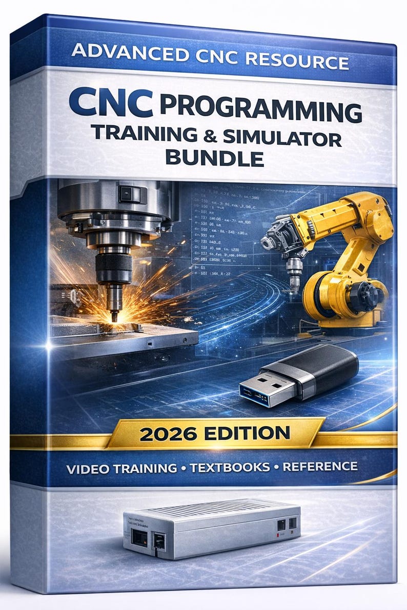 Puede incluir: Caja de producto con el texto "ADVANCED CNC RESOURCE" y "CNC PROGRAMMING TRAINING & SIMULATOR BUNDLE". La imagen muestra una m&aacute;quina CNC, un brazo rob&oacute;tico amarillo y una unidad USB. Tambi&eacute;n se ve el texto "2026 EDITION".