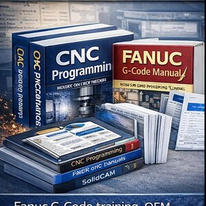 Puede incluir: Imagen de libros de texto y manuales para la programaci&oacute;n CNC. Los t&iacute;tulos incluyen "CNC Programming", "FANUC G-Code Manual" y "SolidCAM". La imagen tambi&eacute;n incluye el texto "PROFESSIONAL TEXTBOOKS & PRESENTATIONS" y "Formaci&oacute;n Fanuc G-Code, presentaciones espec&iacute;ficas para OEM y manuales de referencia."