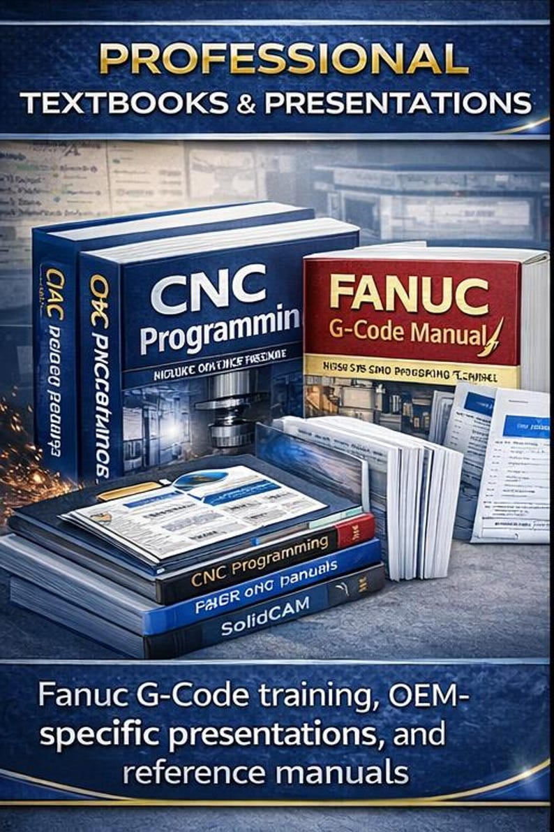 Puede incluir: Imagen de libros de texto y manuales para la programaci&oacute;n CNC. Los t&iacute;tulos incluyen "CNC Programming", "FANUC G-Code Manual" y "SolidCAM". La imagen tambi&eacute;n incluye el texto "PROFESSIONAL TEXTBOOKS & PRESENTATIONS" y "Formaci&oacute;n Fanuc G-Code, presentaciones espec&iacute;ficas para OEM y manuales de referencia."