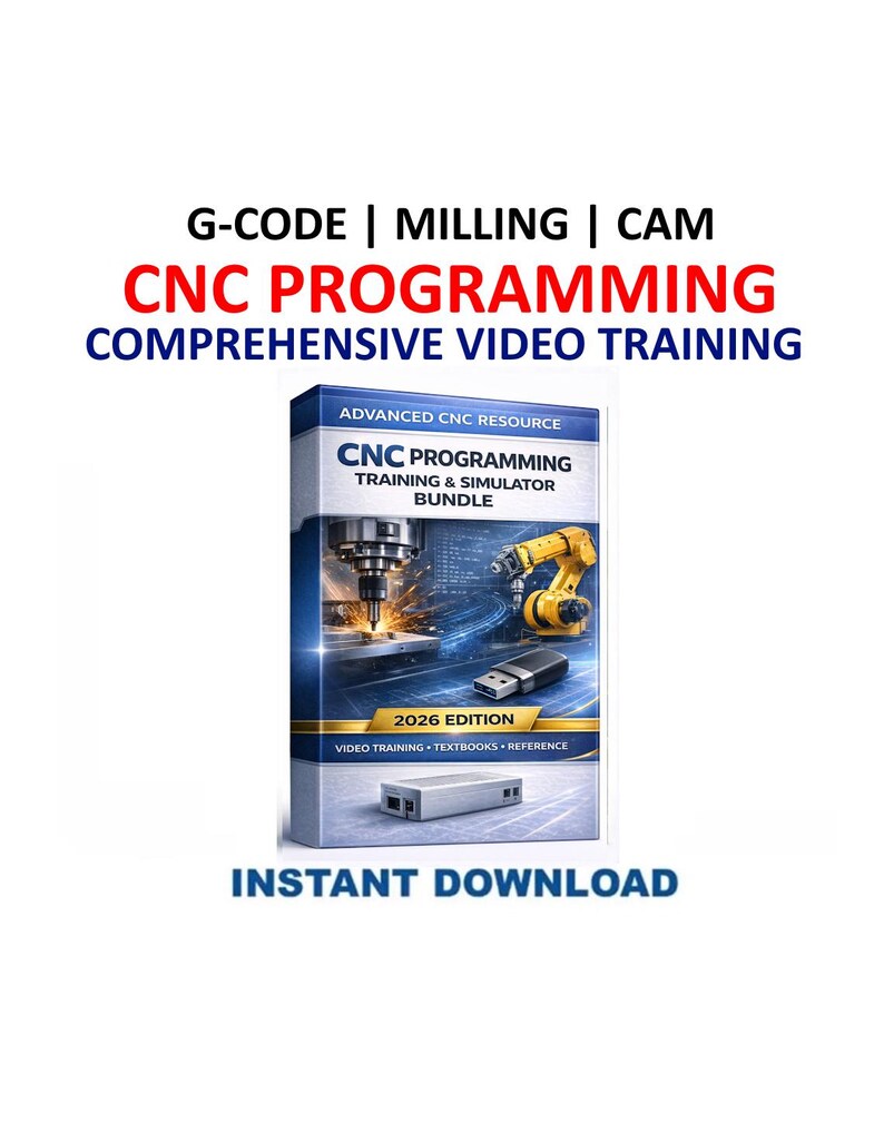 Puede incluir: Imagen de una caja azul con el texto "CNC PROGRAMMING TRAINING & SIMULATOR BUNDLE". La caja muestra m&aacute;quinas CNC y una unidad USB. Tambi&eacute;n se ve el texto "G-CODE | MILLING | CAM" y "COMPREHENSIVE VIDEO TRAINING".