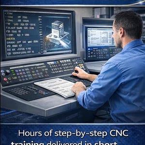 Puede incluir: Un hombre con camisa azul opera una m&aacute;quina CNC. La pantalla muestra c&oacute;digo y un modelo 3D. El texto superior dice "HANDS-ON CNC VIDEO TRAINING". El texto inferior dice "Hours of step-by-step CNC training delivered in short, structured video lessons."
