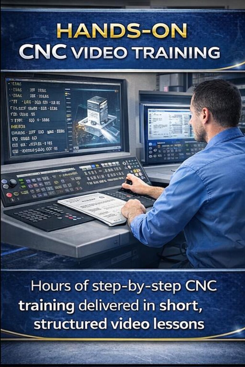Puede incluir: Un hombre con camisa azul opera una m&aacute;quina CNC. La pantalla muestra c&oacute;digo y un modelo 3D. El texto superior dice "HANDS-ON CNC VIDEO TRAINING". El texto inferior dice "Hours of step-by-step CNC training delivered in short, structured video lessons."