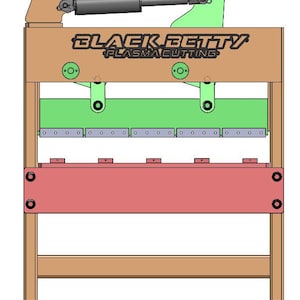 May include: A wooden metalworking press with a green and grey metal top, a red metal base, and the text "BLACK BETTY PLASMACUTTING" on the front.